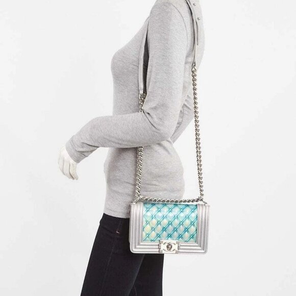 Chanel Silver/Blue Quilted PVC and Iridescent Calfskin Leather Small Boy Bag - Picture 2 of 9